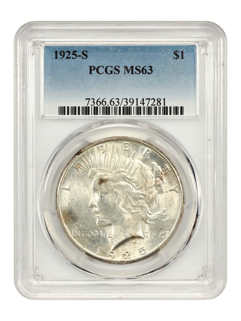 1925 San Francisco Peace Dollar MS63 Graded by PCGS: 1925 San Francisco Peace Dollar MS63 Graded by PCGS This 1925-S Peace Dollar is graded MS63 by PCGS, indicating an uncirculated coin with minimal marks. Minted in San Francisco, this scarce date coin 