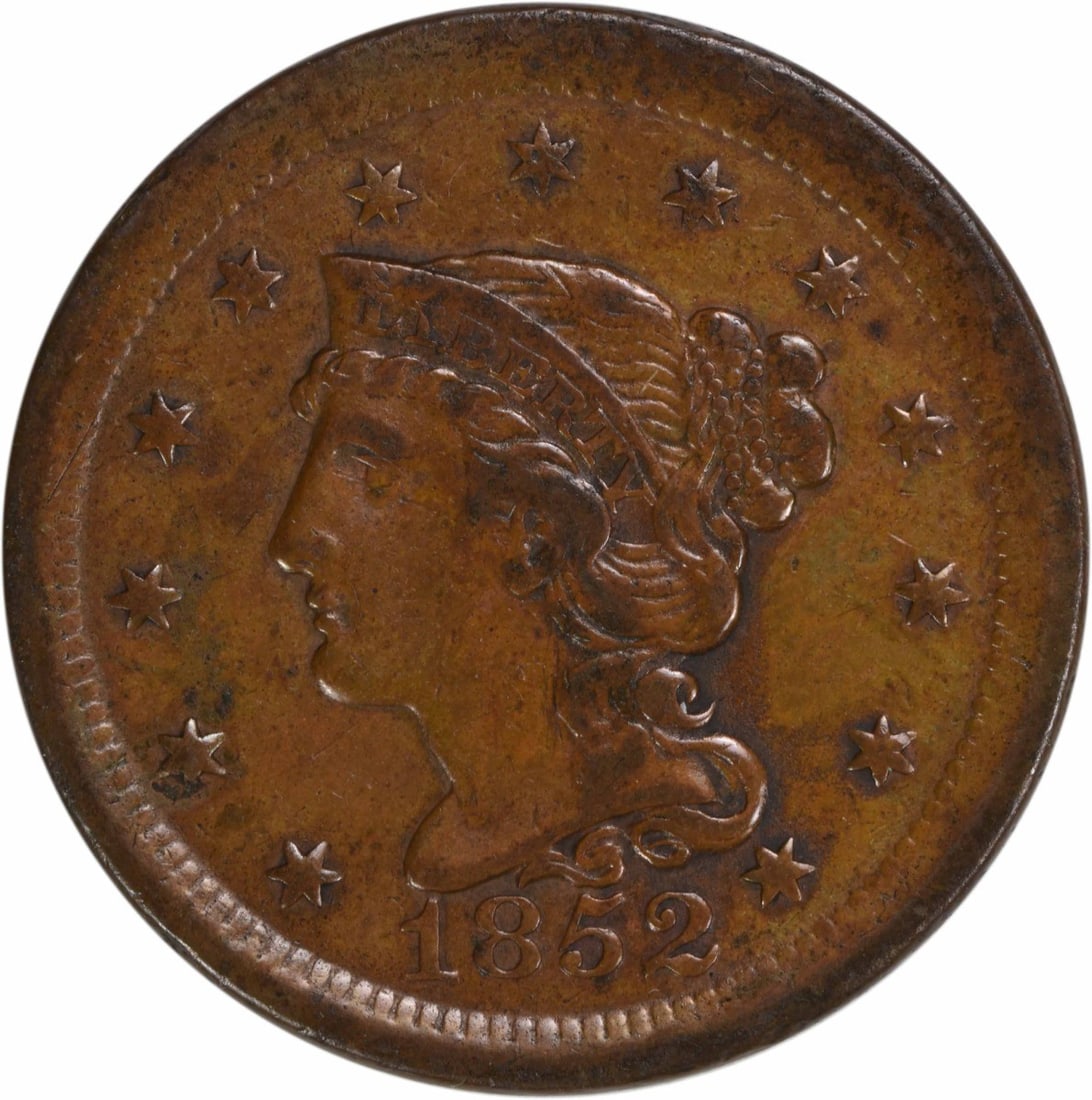 1852 Braided Hair Large Cent Copper Coin Philadelphia: 1852 Braided Hair Large Cent Copper Coin Philadelphia This 1852 Large Cent features a classic Braided Hair design by Christian Gobrecht, minted in Philadelphia. With an effective grade of EF, this coi