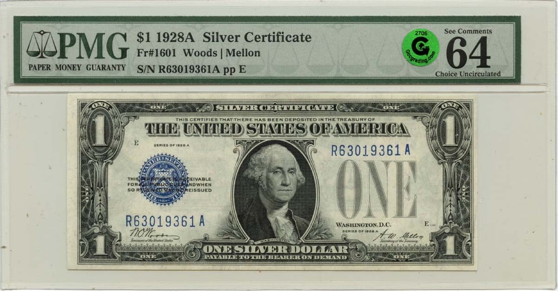 PMG Certified 1928A $1 Silver Certificate FR1601 Uncirculated MS64: PMG Certified 1928A $1 Silver Certificate FR1601 Uncirculated MS64 This is a 1928A $1 Silver Certificate from the United States, graded MS64 by PMG. The note is uncirculated and features a green seal,