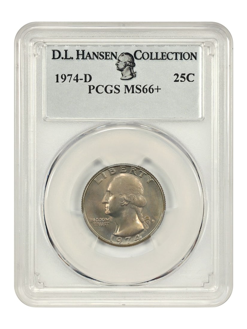 PCGS MS66+ 1974-D Washington Quarter from D L Hansen Collection: PCGS MS66+ 1974-D Washington Quarter from D L Hansen Collection This 1974-D Washington Quarter is certified by PCGS with a grade of MS66+. The coin originates from the Denver Mint and is part of the W