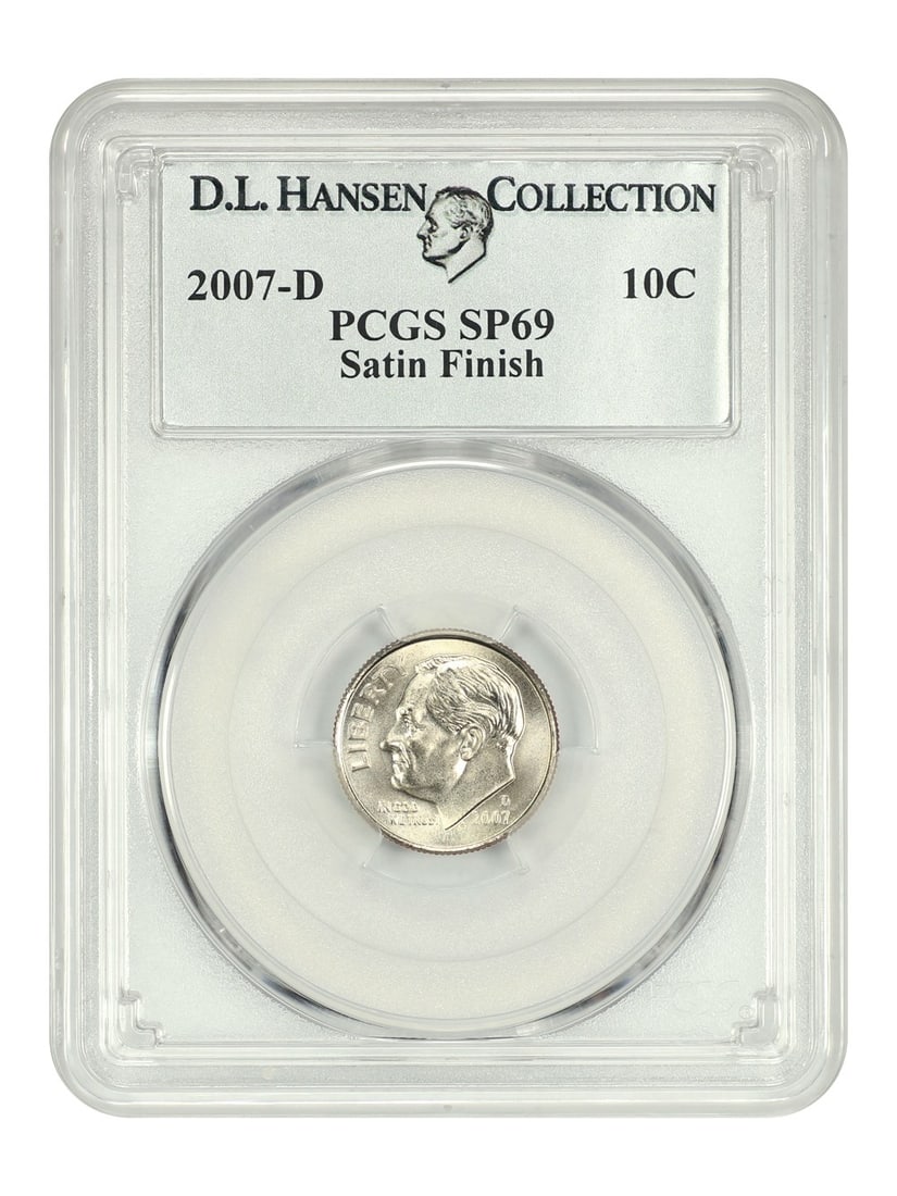 PCGS SP69 2007-D Roosevelt Dime Satin Finish ex D L Hansen: PCGS SP69 2007-D Roosevelt Dime Satin Finish ex D L Hansen This 2007-D Roosevelt Dime features a satin finish and is certified by PCGS with a grade of SP69. Originating from the Denver Mint, this unci