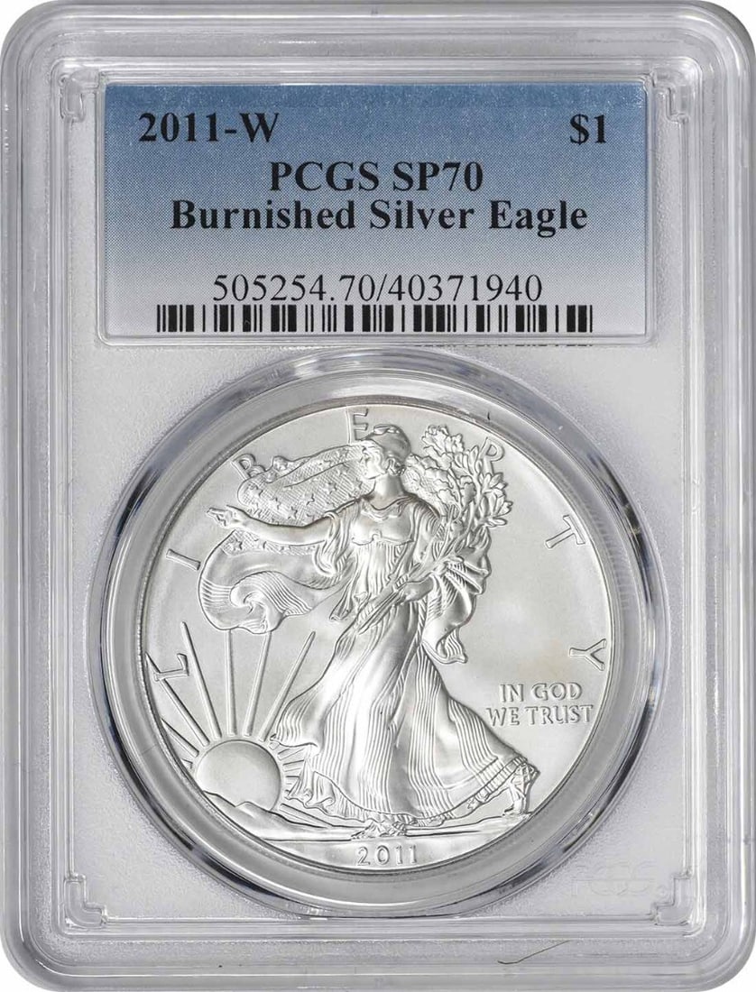 2011-W $1 American Silver Eagle Burnished SP70 PCGS 1 oz Silver: 2011-W $1 American Silver Eagle Burnished SP70 PCGS 1 oz Silver This 2011-W $1 American Silver Eagle features a stunning burnished finish and is graded SP70 by PCGS, making it a remarkable addition fo