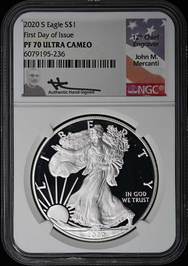 NGC PR70DCAM 2020 S Silver Eagle First Day Issue Dollar Coin: NGC PR70DCAM 2020 S Silver Eagle First Day Issue Dollar Coin This 2020 S American Eagle Silver Dollar features a First Day of Issue designation and has been graded PR70DCAM by NGC, ensuring it is in p
