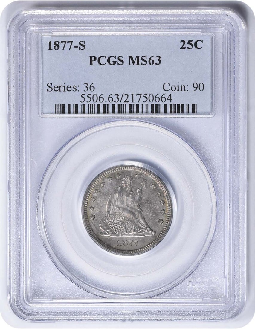 PCGS MS63 1877-S Seated Liberty Quarter Silver Coin: PCGS MS63 1877-S Seated Liberty Quarter Silver Coin This 1877-S Liberty Seated Silver Quarter is certified by PCGS with a grade of MS63. Struck at the San Francisco Mint, this uncirculated coin featur