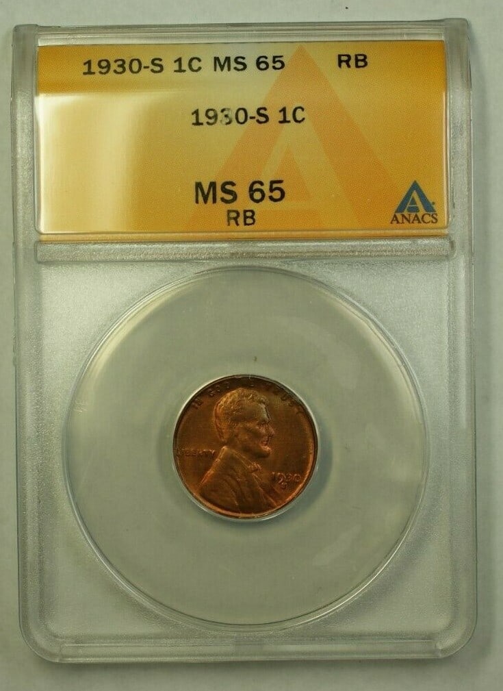 ANACS MS-65 RB 1930-S Lincoln Wheat Cent Copper Coin from San Francisco: ANACS MS-65 RB 1930-S Lincoln Wheat Cent Copper Coin from San Francisco This is a 1930-S Lincoln Wheat Cent graded MS-65 RB by ANACS. Minted in San Francisco, the coin is composed of copper and is in 