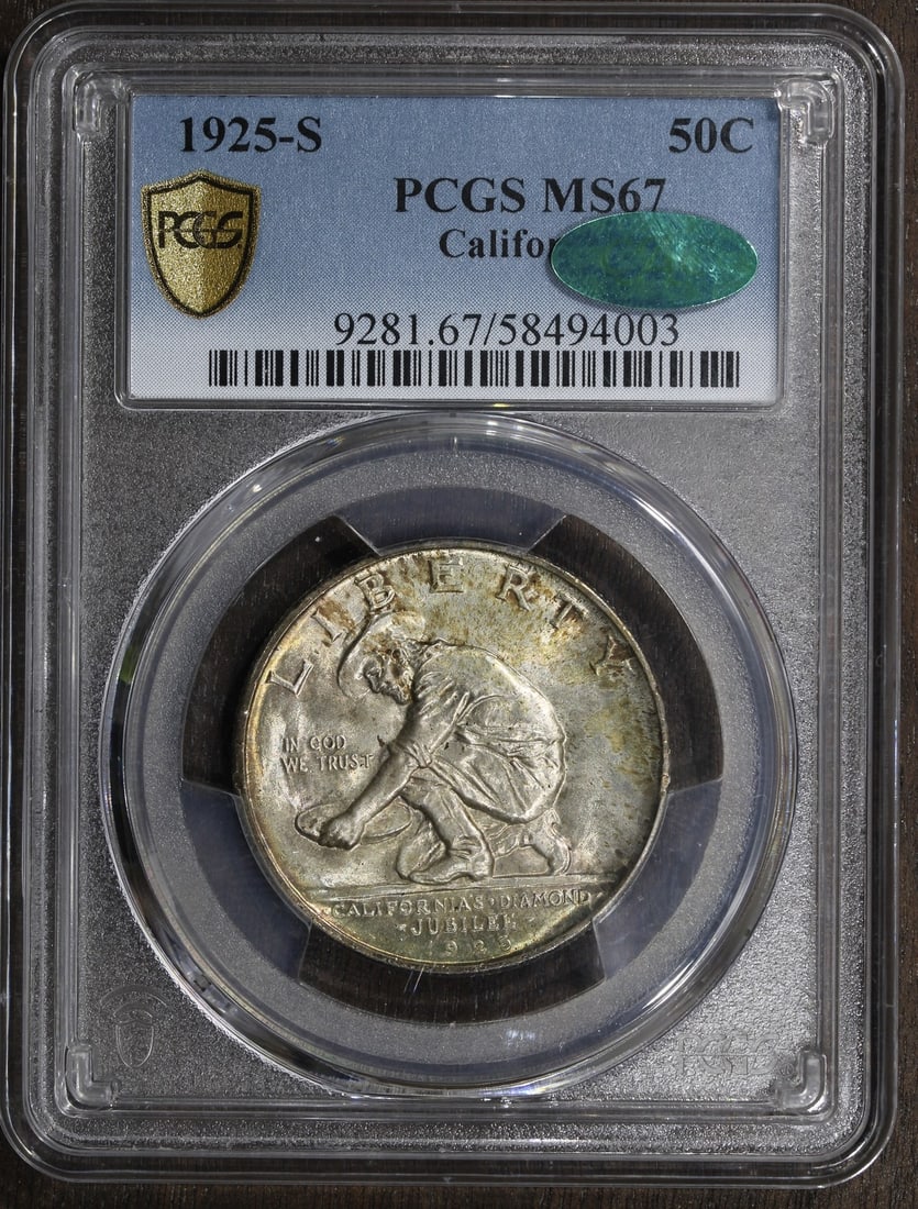 California 1925 San Francisco Silver Half Dollar PCGS MS67 CAC Commemorative: California 1925 San Francisco Silver Half Dollar PCGS MS67 CAC Commemorative This 1925-S California Commemorative Half Dollar is an un-used, pre-owned coin struck in San Francisco. Certified by PCGS w