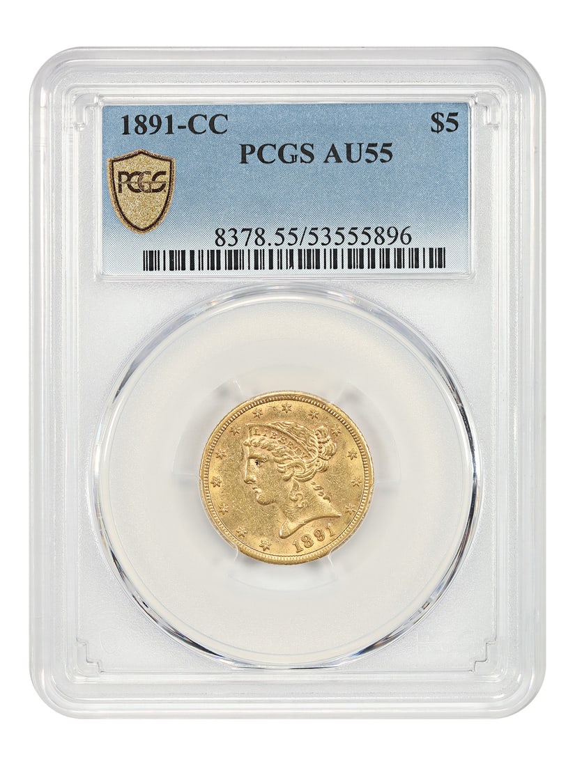 PCGS AU55 1891 Carson City Liberty Head $5 Gold Coin: PCGS AU55 1891 Carson City Liberty Head $5 Gold Coin This is an 1891-CC Liberty Head $5 gold coin from the Carson City Mint, graded AU55 by PCGS. The coin features the classic Liberty Head design and 