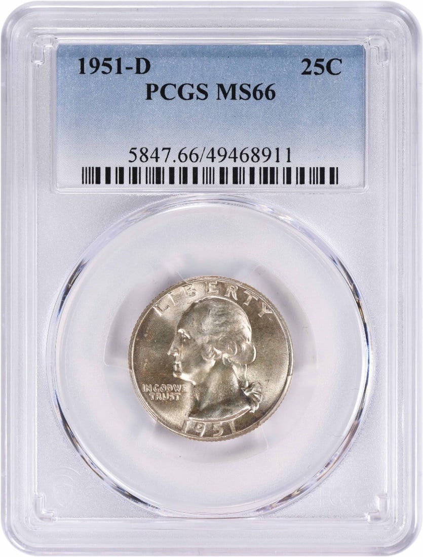1951-D Washington Quarter MS66 PCGS Uncirculated 90% Silver Coin: 1951-D Washington Quarter MS66 PCGS Uncirculated 90% Silver Coin This 1951-D Washington Quarter, graded MS66 by PCGS, is a stunning example of numismatic excellence. Struck in Denver, this uncirculate