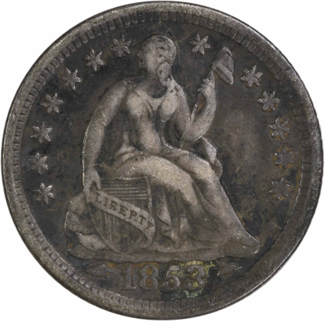1853 Liberty Seated Half Dime 90% Silver Uncertified: 1853 Liberty Seated Half Dime 90% Silver Uncertified This 1853 Liberty Seated Silver Half Dime is a remarkable piece of American numismatics. Struck at the Philadelphia Mint, this coin features a clas