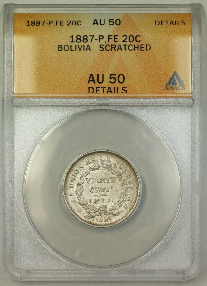 ANACS AU-50 Bolivia 1887-P 20 Centavos Silver Coin: ANACS AU-50 Bolivia 1887-P 20 Centavos Silver Coin This is an 1887-P FE Bolivia 20 Centavos silver coin, certified by ANACS with an AU-50 Details grade. The coin is composed of 75% silver and is from 