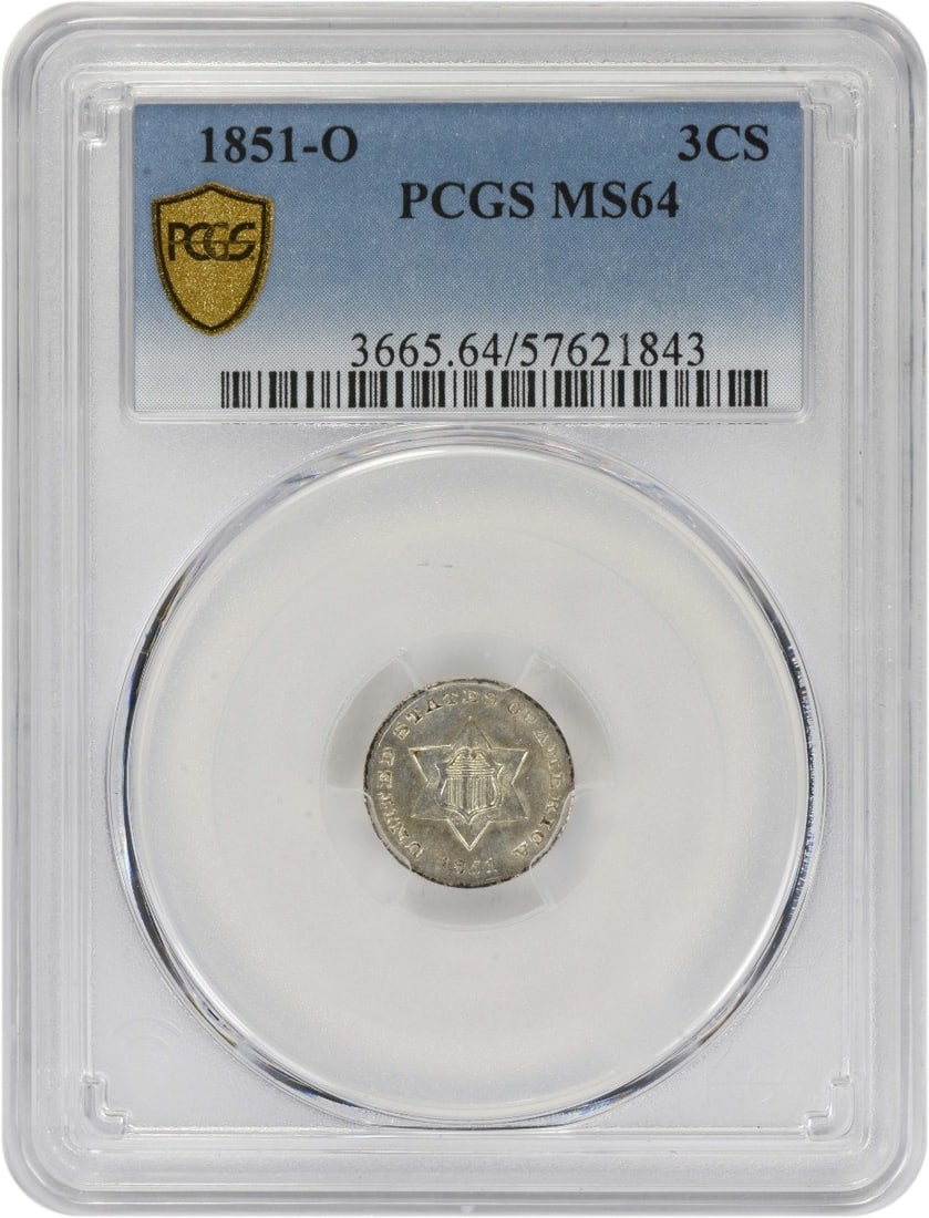 1851-O Three Cent Silver Coin MS64 PCGS Uncirculated New Orleans: 1851-O Three Cent Silver Coin MS64 PCGS Uncirculated New Orleans This 1851-O Three Cent Silver coin is an exceptional piece graded MS64 by PCGS, indicating its uncirculated condition. Struck at the Ne