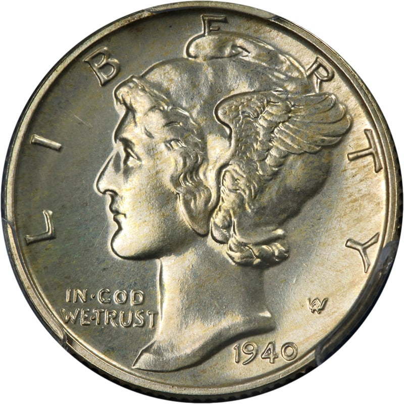 1940 Silver Mercury Dime PCGS PR66 Proof with Exceptional Luster: 1940 Silver Mercury Dime PCGS PR66 Proof with Exceptional Luster This 1940 Mercury Dime is certified by PCGS with a PR66 grade. The coin is uncirculated and composed of 90% silver, featuring superb lu