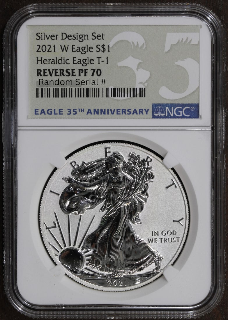 NGC PR70 2021-W Reverse Proof Silver American Eagle Type 1 Dollar Coin: NGC PR70 2021-W Reverse Proof Silver American Eagle Type 1 Dollar Coin This 2021-W American Silver Eagle is a Reverse Proof coin, certified by NGC with a grade of PR70. It is composed of 0.999 fine si