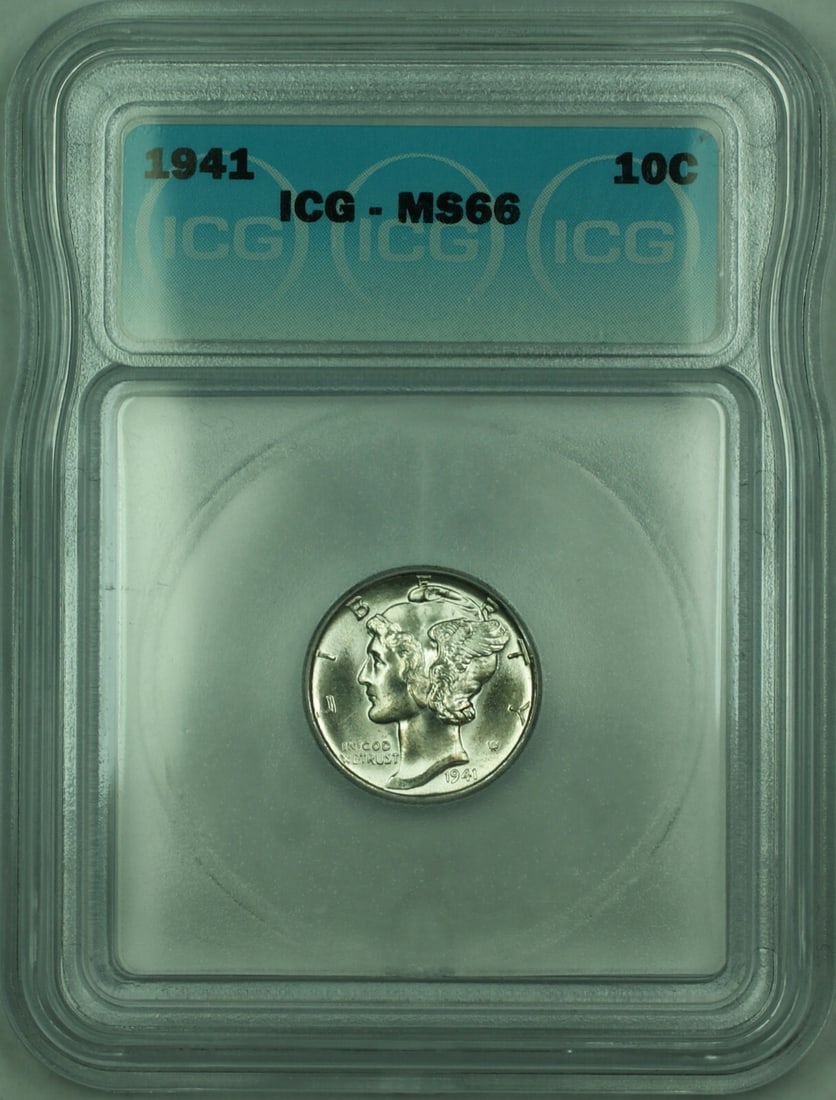 1941 Silver 10 Cent Mercury Dime Graded MS 66 by ICG: 1941 Silver 10 Cent Mercury Dime Graded MS 66 by ICG This is a 1941 Mercury Silver Dime with a denomination of 10 cents, minted in Philadelphia. The coin is composed of 90% silver and remains un-used,