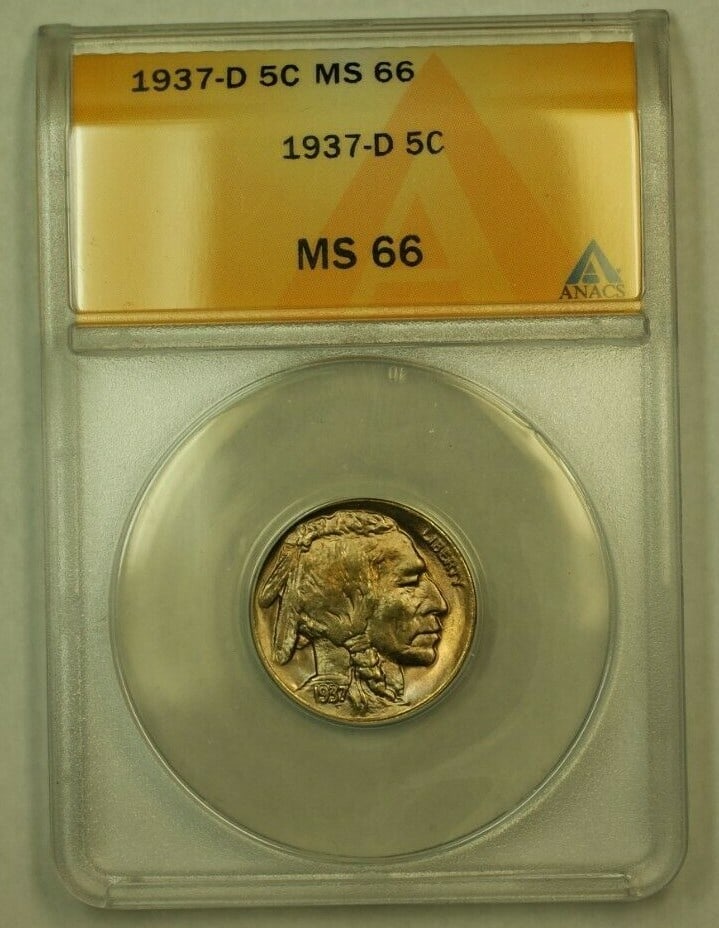 ANACS MS-66 Graded 1937 Denver Mint Buffalo Nickel Five Cent Coin: ANACS MS-66 Graded 1937 Denver Mint Buffalo Nickel Five Cent Coin This 1937-D Buffalo Nickel is graded MS-66 by ANACS, indicating a high-quality, uncirculated coin. Minted in Denver, this five-cent pi
