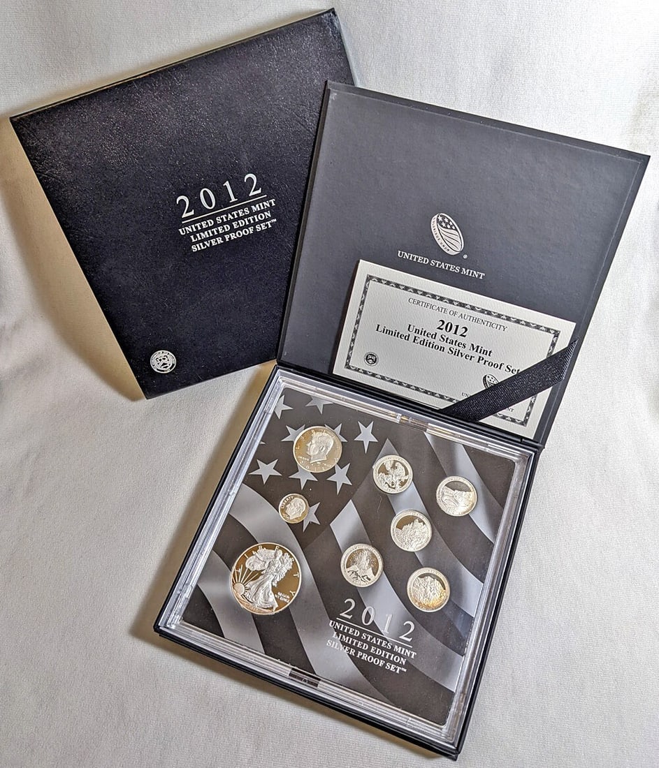2012 Silver Proof Coin Set with Box Certificate and Slipcover United States Mint: 2012 Silver Proof Coin Set with Box Certificate and Slipcover United States Mint This 2012 U.S. Mint Limited Edition Silver Proof Set includes all the regular issue silver coins from 2012: a proof one