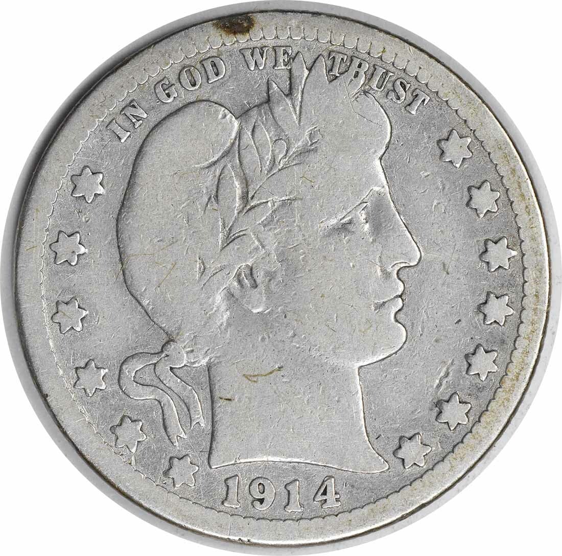 1914-S Barber Silver Quarter 25C VG Uncertified 90% Silver: 1914-S Barber Silver Quarter 25C VG Uncertified 90% Silver This 1914-S Barber Silver Quarter is a beautiful piece of numismatic history. Struck in San Francisco, this coin features the classic Barber 