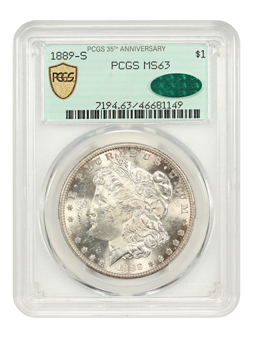 PCGS CAC MS63 1889 San Francisco Morgan Silver Dollar: PCGS CAC MS63 1889 San Francisco Morgan Silver Dollar This is an 1889-S Morgan Dollar certified by PCGS with a CAC sticker, graded MS63. This uncirculated coin was struck at the San Francisco Mint and