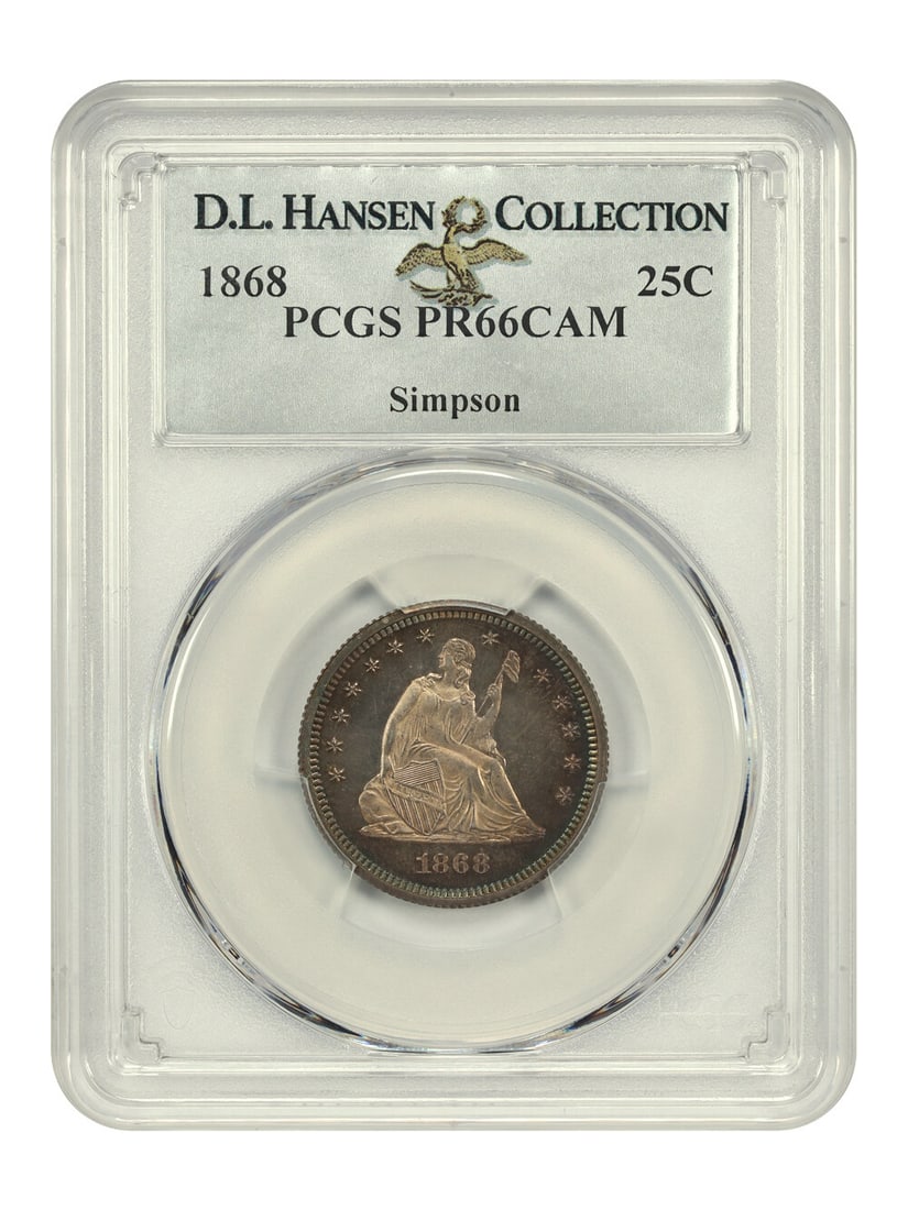 1868 25C PCGS PR66CAM Liberty Seated Quarter Rare Cameo: 1868 25C PCGS PR66CAM Liberty Seated Quarter Rare Cameo This stunning 1868 25C Liberty Seated Quarter, graded PR66CAM by PCGS, showcases remarkable quality and eye appeal. With a mere 600 proofs struc
