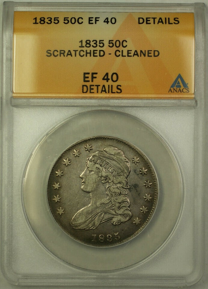 1835 Capped Bust 50C Silver Half Dollar ANACS XF 40 Details: 1835 Capped Bust 50C Silver Half Dollar ANACS XF 40 Details This 1835 Capped Bust Silver Half Dollar features a 50-cent denomination and is certified by ANACS with a grade of EF-40 Details. The coin i