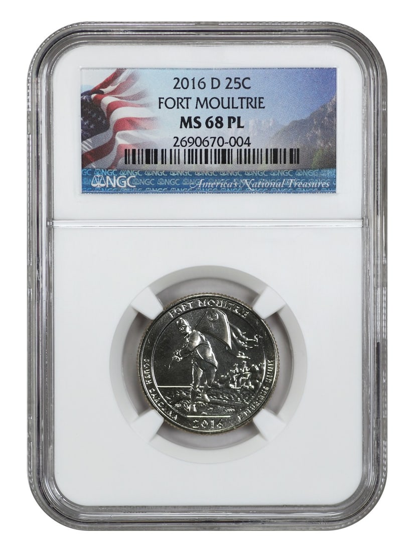 2016-D 25C Fort Moultrie NGC MS68PL Type 1 Clad Coin: 2016-D 25C Fort Moultrie NGC MS68PL Type 1 Clad Coin This 2016-D 25C Fort Moultrie National Park coin features a stunning uncirculated grade of MS68PL, ensuring its premium quality. Struck in Philadel