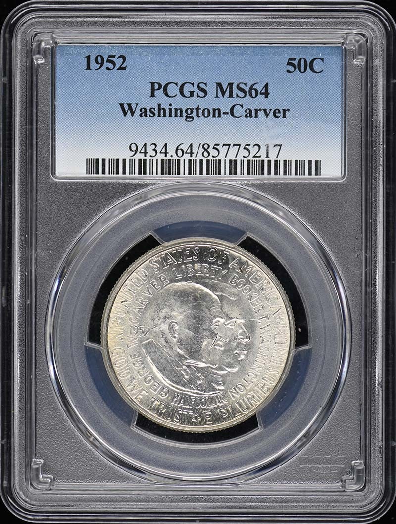 1952 Silver Washington Carver Half Dollar PCGS MS64 Philadelphia: 1952 Silver Washington Carver Half Dollar PCGS MS64 Philadelphia This 1952 Washington-Carver 50C silver commemorative coin is certified by PCGS with a grade of MS64. Minted in Philadelphia, it feature