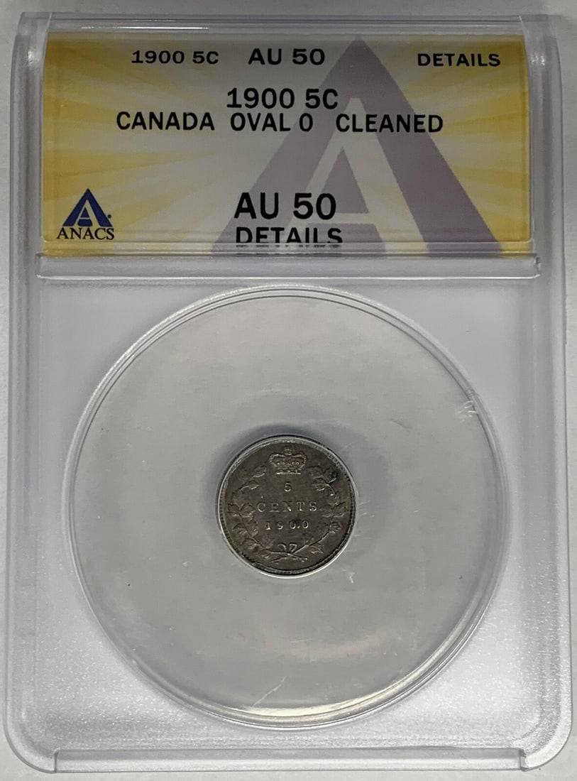 Silver 5 Cent Canada 1900 ANACS Certified Oval O Cleaned: Silver 5 Cent Canada 1900 ANACS Certified Oval O Cleaned This is a 1900 Canada 5 cent coin featuring the Oval O variety. Certified by ANACS with a 50 Details grade and noted as cleaned, this circulate