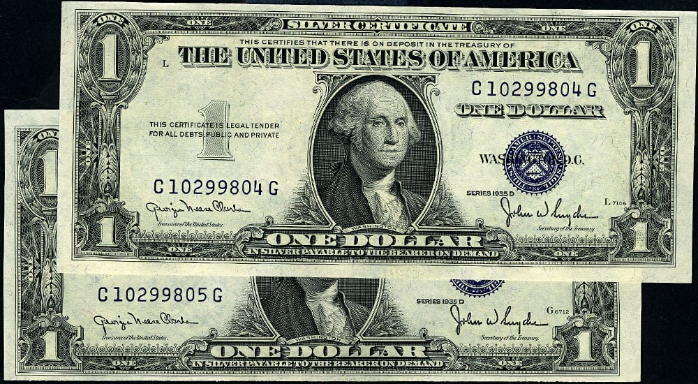 1935-D $1 Silver Certificate Change Over Pair C-G Block Uncirculated: 1935-D $1 Silver Certificate Change Over Pair C-G Block Uncirculated This exquisite 1935-D $1 Silver Certificate Change Over Pair features a C-G Block, showcasing excellent paper quality and vibrant c