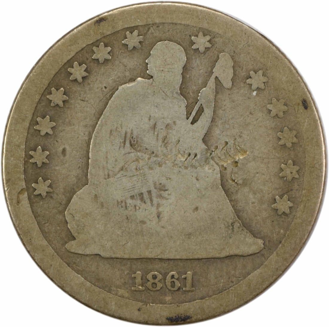 1861-S Seated Liberty Quarter 25C Uncertified 90% Silver Coin: 1861-S Seated Liberty Quarter 25C Uncertified 90% Silver Coin This 1861-S Liberty Seated Quarter features a design by Robert Ball Hughes and Christian Gobrecht. It is a circulated coin with a grade of