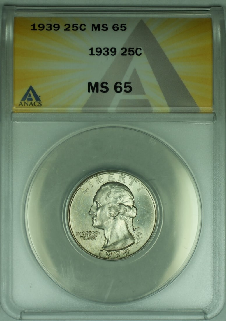 1939 Silver 25C Washington Quarter ANACS Graded MS 65: 1939 Silver 25C Washington Quarter ANACS Graded MS 65 This 1939 Washington Silver Quarter features a denomination of 25 cents and is composed of silver. Graded MS 65 by ANACS, the coin is uncirculated