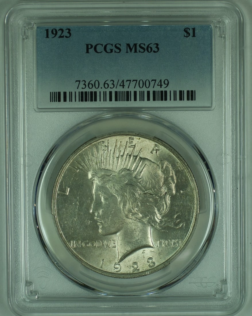 PCGS MS 63 1923 Silver Peace Dollar Uncirculated Coin: PCGS MS 63 1923 Silver Peace Dollar Uncirculated Coin This is a 1923 Peace Silver Dollar coin from the United States, featuring a denomination of $1. The coin is composed of silver and is graded MS 63