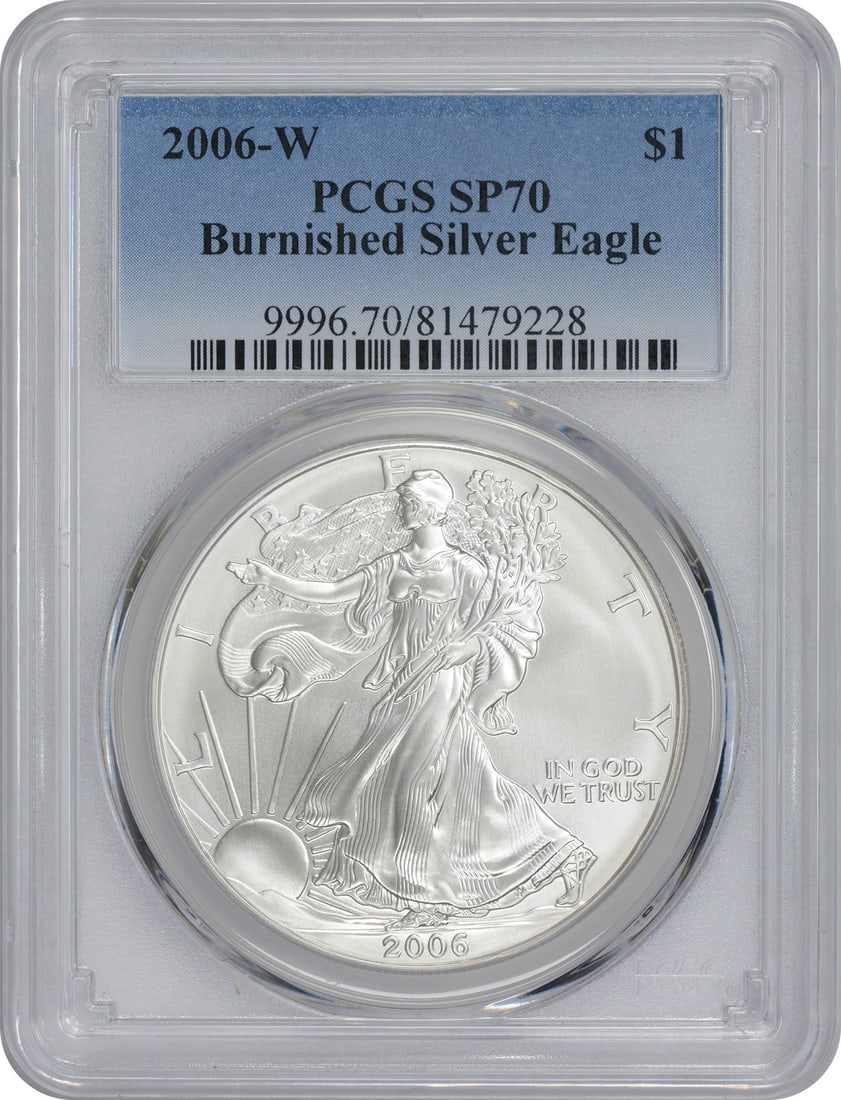 2006-W Burnished American Silver Eagle SP70 PCGS 1 oz Coin: 2006-W Burnished American Silver Eagle SP70 PCGS 1 oz Coin This 2006-W American Silver Eagle coin features a burnished finish and is graded SP70 by PCGS, ensuring its exceptional quality. Composed of 