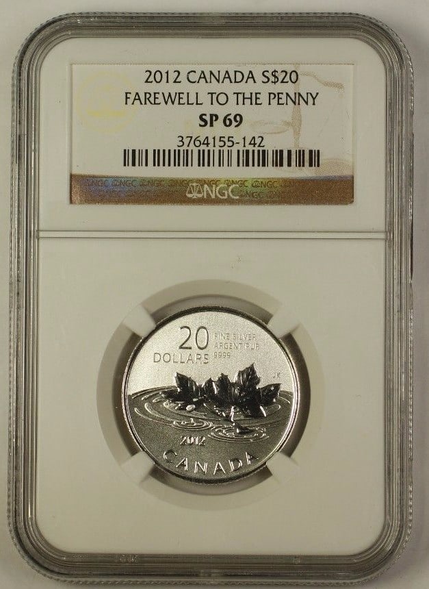 NGC SP 69 2012 Canada $20 Silver Coin Farewell to the Penny: NGC SP 69 2012 Canada $20 Silver Coin Farewell to the Penny This 2012 Canada Silver $20 coin, titled "Farewell to the Penny," is graded SP-69 by NGC. The coin is uncirculated and comes in a white case