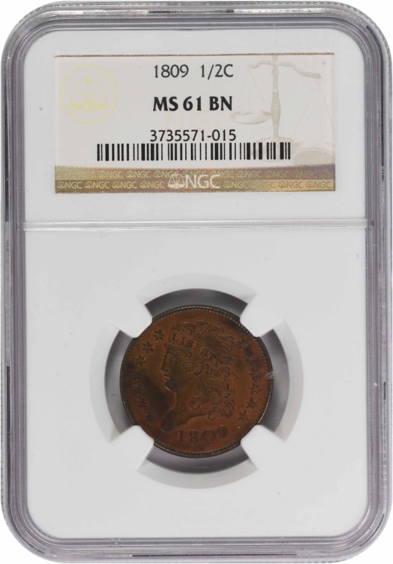 Classic Head 1809 Half Cent Copper Coin MS61BN Graded by NGC: Classic Head 1809 Half Cent Copper Coin MS61BN Graded by NGC This 1809 Classic Head Half Cent, graded MS61BN by NGC, was struck at the Philadelphia Mint. Designed by John Reich, this copper coin featu