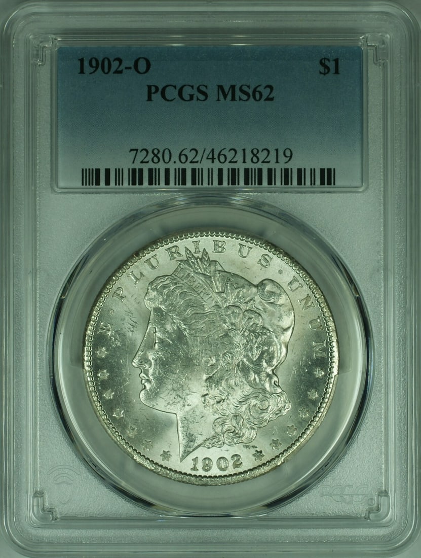 PCGS MS62 1902-O Morgan Silver Dollar from New Orleans Mint: PCGS MS62 1902-O Morgan Silver Dollar from New Orleans Mint This 1902-O Morgan Silver Dollar is a certified uncirculated coin graded MS-62 by PCGS. Minted in New Orleans, it features a silver composit