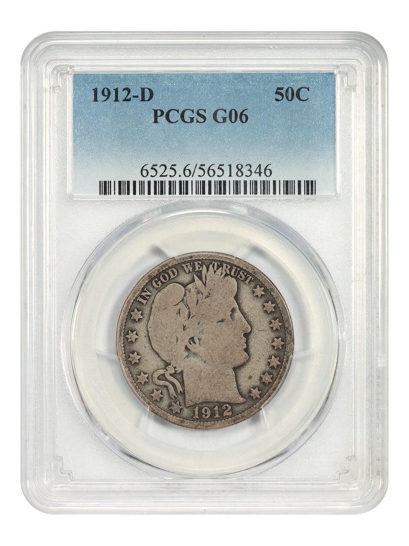Barber Half Dollar 1912 Denver Mint PCGS Graded Good 6: Barber Half Dollar 1912 Denver Mint PCGS Graded Good 6 This is a 1912-D Barber Half Dollar graded Good 06 by PCGS. It is a circulated coin struck in Denver and is part of the Barber Half Dollar series