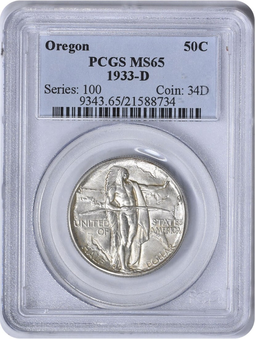 1933-D Oregon Commemorative Silver Half Dollar MS65 PCGS Uncirculated: 1933-D Oregon Commemorative Silver Half Dollar MS65 PCGS Uncirculated This Oregon Commemorative Silver Half Dollar, minted in 1933 at the Denver Mint, features a stunning design by James Earle Fraser 