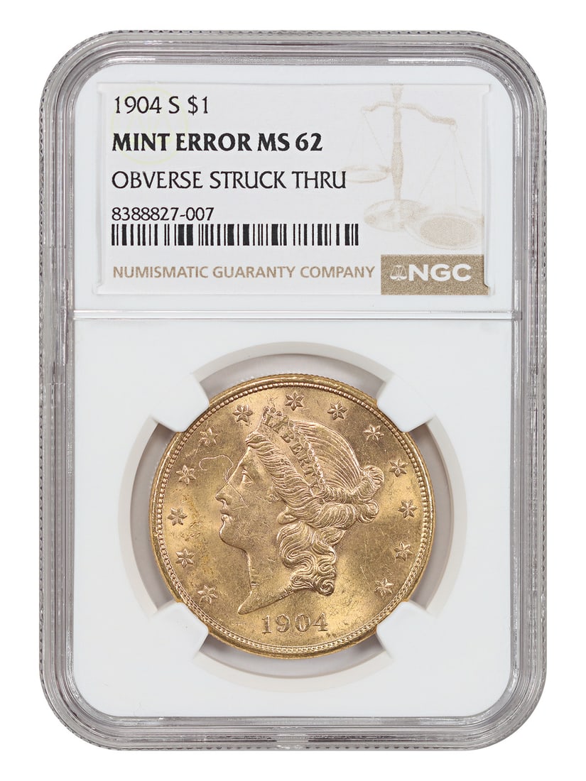 1904 San Francisco $20 Liberty Head Gold Coin NGC MS62 Obverse Struck Through Error: 1904 San Francisco $20 Liberty Head Gold Coin NGC MS62 Obverse Struck Through Error This 1904-S Liberty Head $20 gold coin is certified by NGC as MS62 and features a distinctive obverse struck through