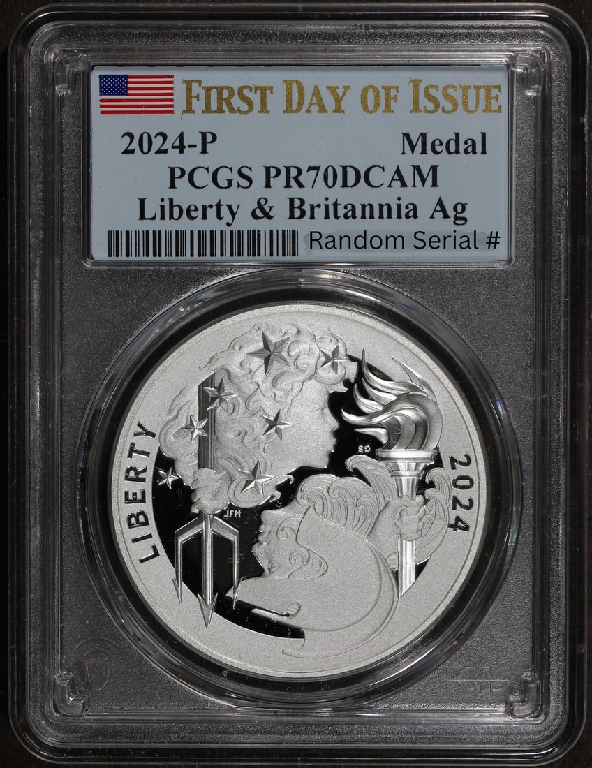Proof 2024 Silver Liberty and Britannia Medal PCGS PR70 DCAM FDOI: Proof 2024 Silver Liberty and Britannia Medal PCGS PR70 DCAM FDOI This 2024-P Proof Liberty & Britannia Silver Medal is struck in .999 fine silver and features a stunning proof finish. Graded PR70 DCA