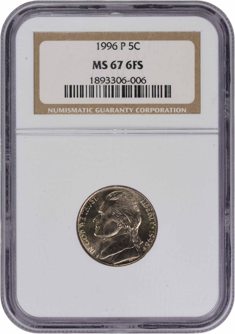 NGC MS67 1996 Philadelphia Jefferson Nickel 6 Full Steps: NGC MS67 1996 Philadelphia Jefferson Nickel 6 Full Steps This is a 1996 Jefferson Nickel struck at the Philadelphia Mint, graded MS67 with the 6 Full Steps designation by NGC. Composed of 75% copper a