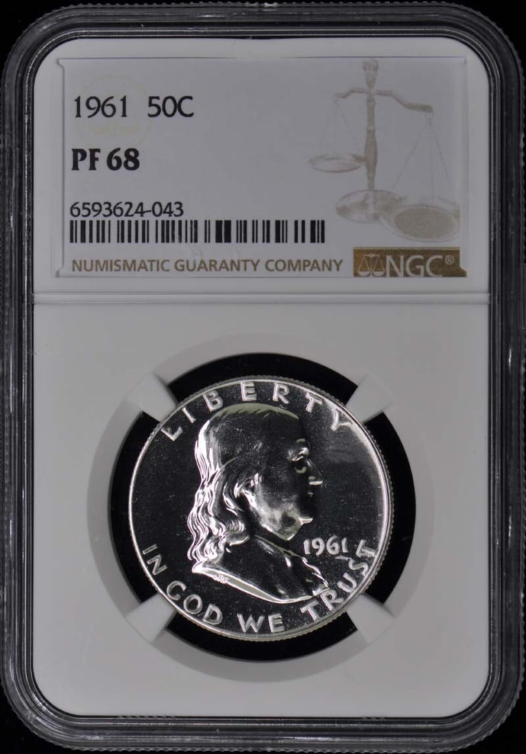 1961 Franklin Half Dollar NGC PR68 Uncirculated Proof Coin: 1961 Franklin Half Dollar NGC PR68 Uncirculated Proof Coin This 1961 Franklin Half Dollar is certified by NGC with a remarkable grade of PR68, indicating its pristine proof condition. Struck at the Ph