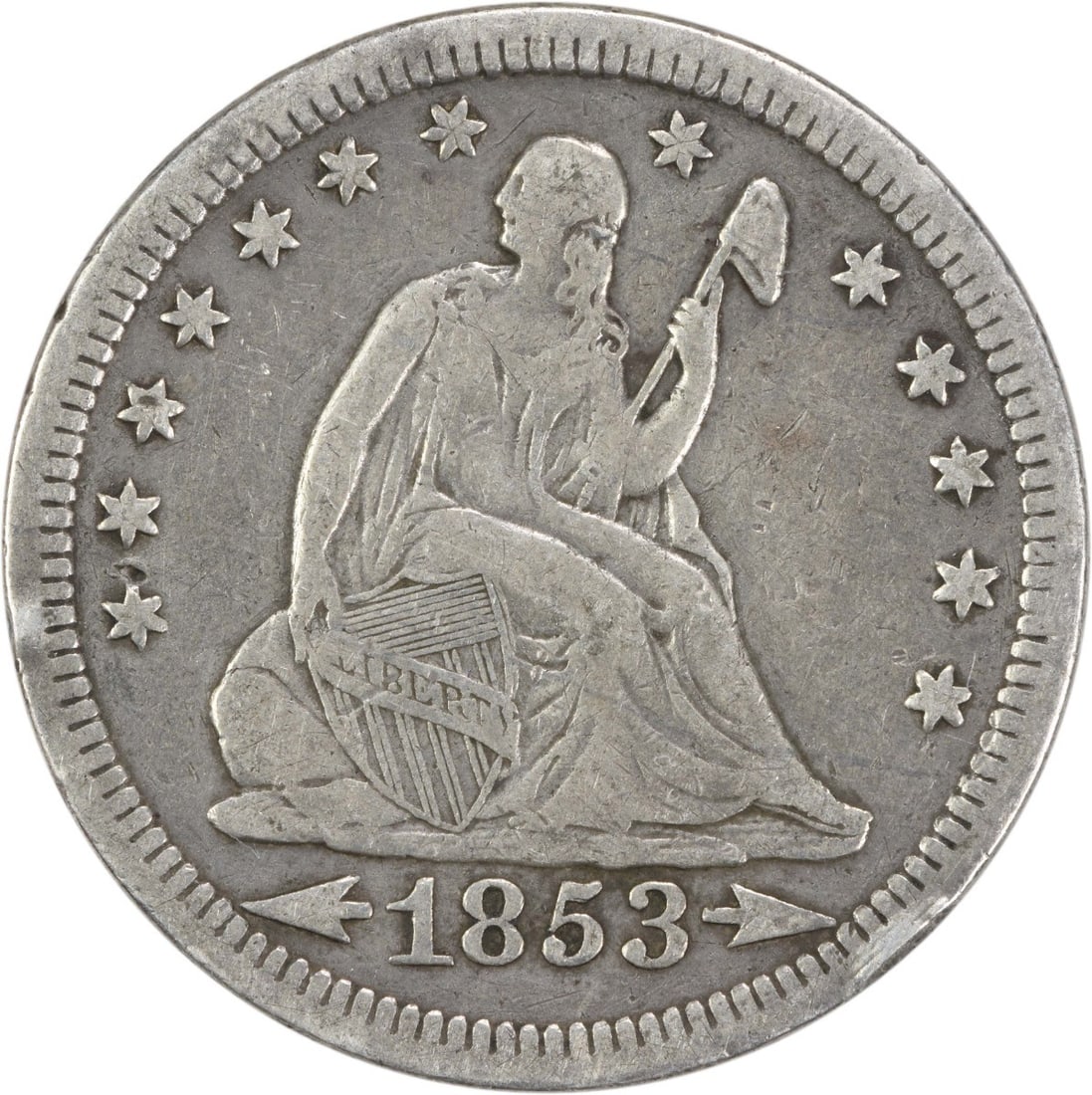 1853 Liberty Seated Quarter 90% Silver Arrows Rays Uncertified: 1853 Liberty Seated Quarter 90% Silver Arrows Rays Uncertified This 1853 Liberty Seated Silver Quarter features the Arrows and Rays design, showcasing its historical significance. The coin is circulat