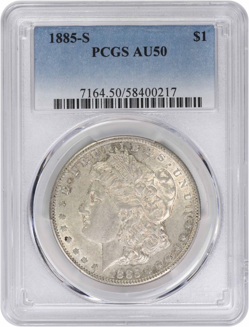 PCGS AU50 1885 San Francisco Morgan Dollar 90 Silver United States: PCGS AU50 1885 San Francisco Morgan Dollar 90 Silver United States This is an 1885-S Morgan Silver Dollar, graded AU50 by PCGS. Struck at the San Francisco Mint, this pre-owned coin features a composi