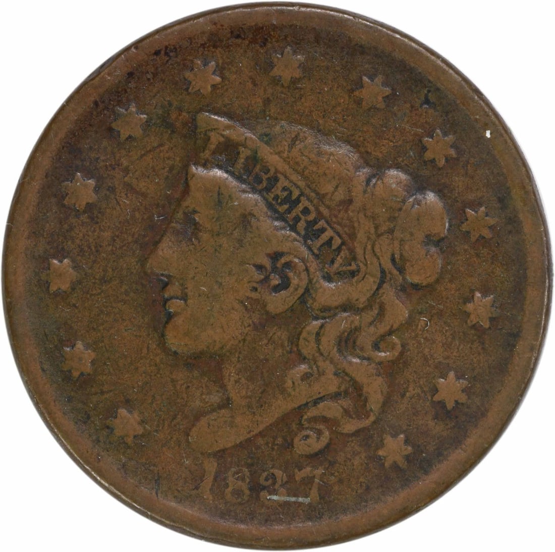 1837 Coronet Head Large Cent Copper VF Uncertified: 1837 Coronet Head Large Cent Copper VF Uncertified This 1837 Large Cent features a Coronet Head design, crafted from copper and minted in Philadelphia. It is graded as Very Fine (VF) and has circulate