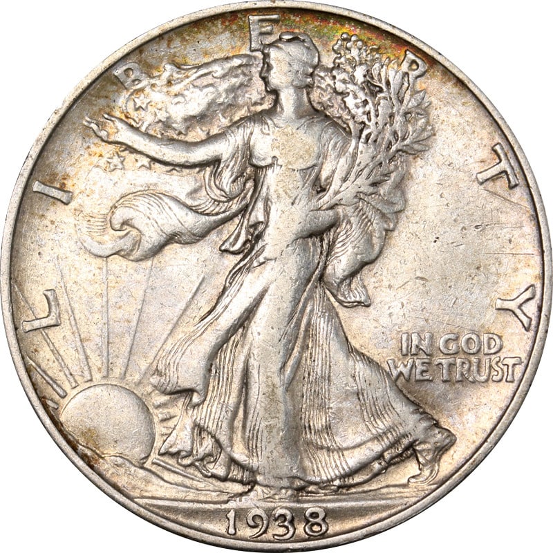1938-D Silver Half Dollar Walking Liberty Circulated Denver Mint Key Date: 1938-D Silver Half Dollar Walking Liberty Circulated Denver Mint Key Date This is a 1938-D Walking Liberty Half Dollar, considered a key date for collectors. The coin was minted in Denver in 1938 and 
