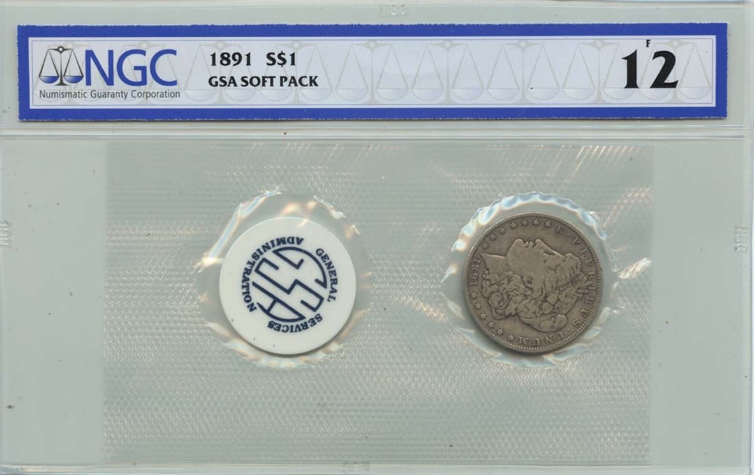 1891 GSA Soft Pack Morgan Silver Dollar NGC F12 Certified: 1891 GSA Soft Pack Morgan Silver Dollar NGC F12 Certified This is an 1891 Morgan Dollar with a Fine 12 (F12) grade, certified by NGC. The coin is circulated and originates from the Philadelphia Mint. 