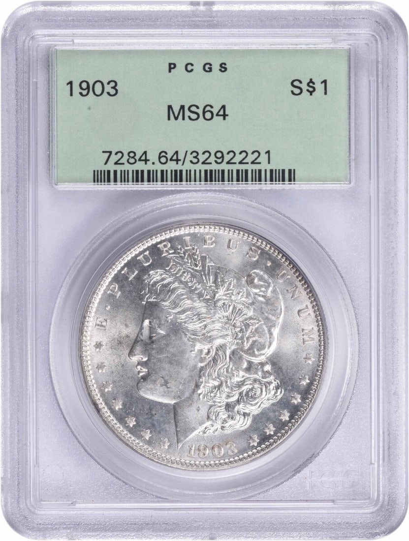 PCGS MS64 1903 Silver Dollar from Philadelphia Mint: PCGS MS64 1903 Silver Dollar from Philadelphia Mint This 1903 Morgan Silver Dollar, graded MS64 by PCGS, is an uncirculated coin minted in Philadelphia. Composed of 90% silver and 10% copper, the coin