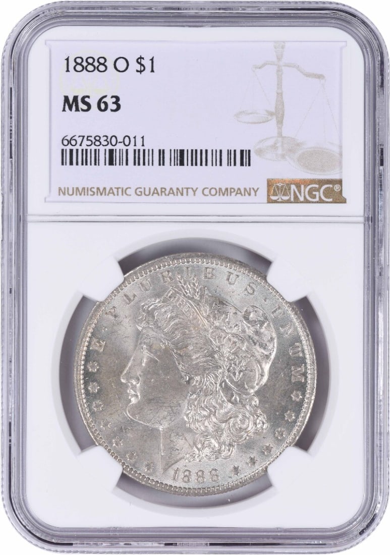 MS63 NGC Certified 1888-O One Dollar Morgan Silver Coin: MS63 NGC Certified 1888-O One Dollar Morgan Silver Coin This 1888-O Morgan Silver Dollar is an uncirculated coin certified by NGC with a grade of MS63. Struck at the New Orleans Mint, it is composed o