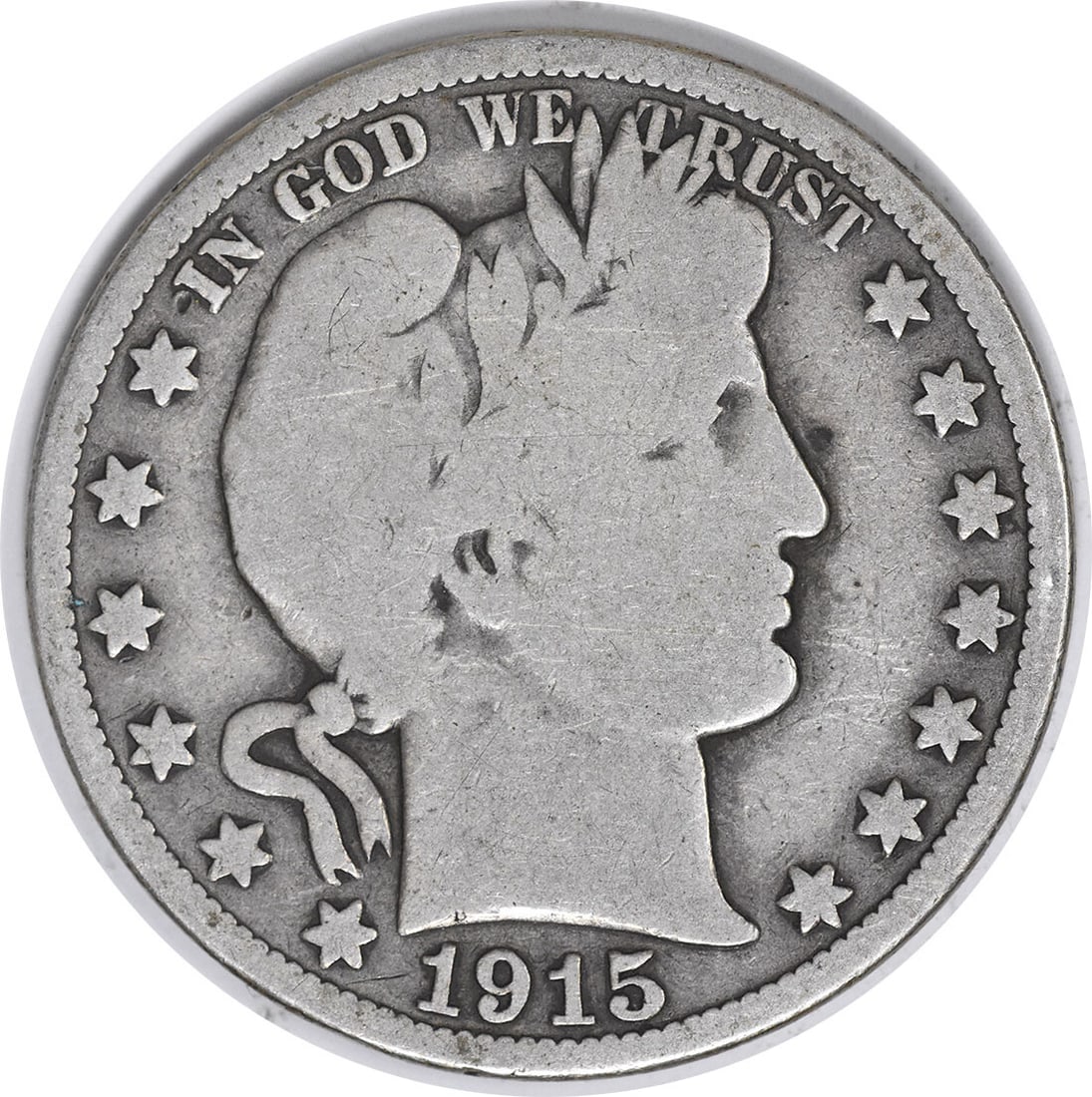 1915 Barber Half Dollar 50C VG Uncertified Silver Coin: 1915 Barber Half Dollar 50C VG Uncertified Silver Coin This 1915 Barber Silver Half Dollar is a classic collectible coin, featuring the iconic design by Charles E. Barber. It is a circulated coin, min