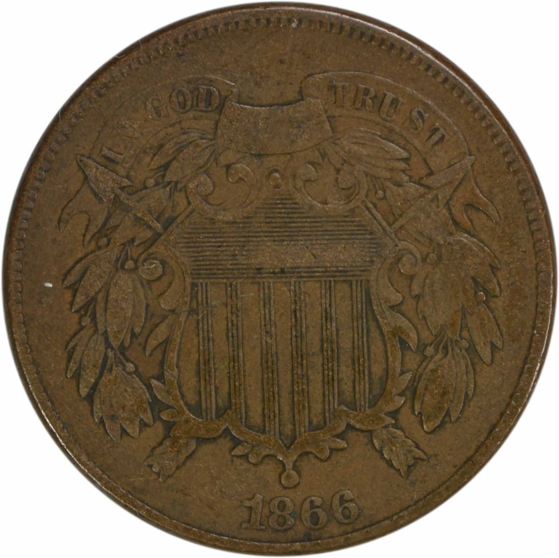 1866 Two Cent Piece Bronze VF Uncertified Philadelphia Mint: 1866 Two Cent Piece Bronze VF Uncertified Philadelphia Mint This 1866 Two Cent Piece is a remarkable collectible coin, struck in bronze and designed by James Barton Longacre. It features a denominatio